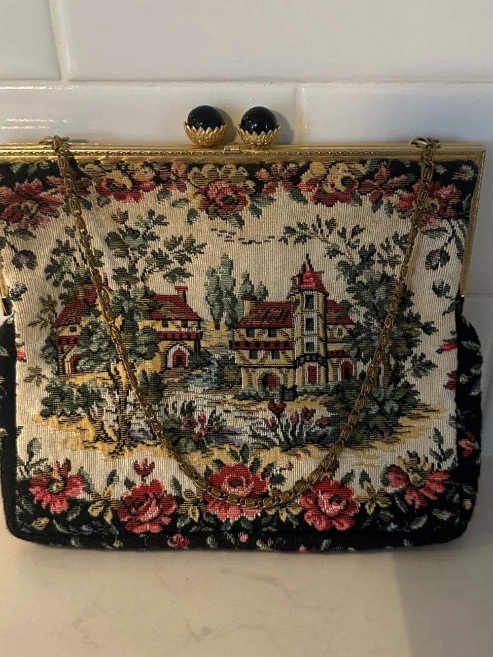 Vintage Mid-Century Tapestry Bag Clutch Pastoral Landscape Made in France Strap